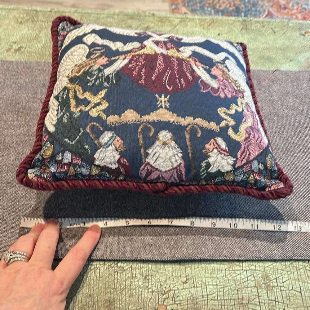 Nativity - Angels, Shepherds, Town, Stain Glass, Highlights, Tapestry Pillow